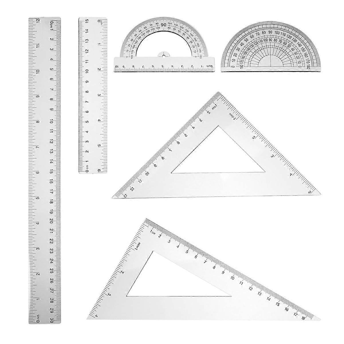 6-Piece Geometric Drawing Tools Set with Clear Protractor, Long Metric Ruler, Large Triangle, and Angle Ruler