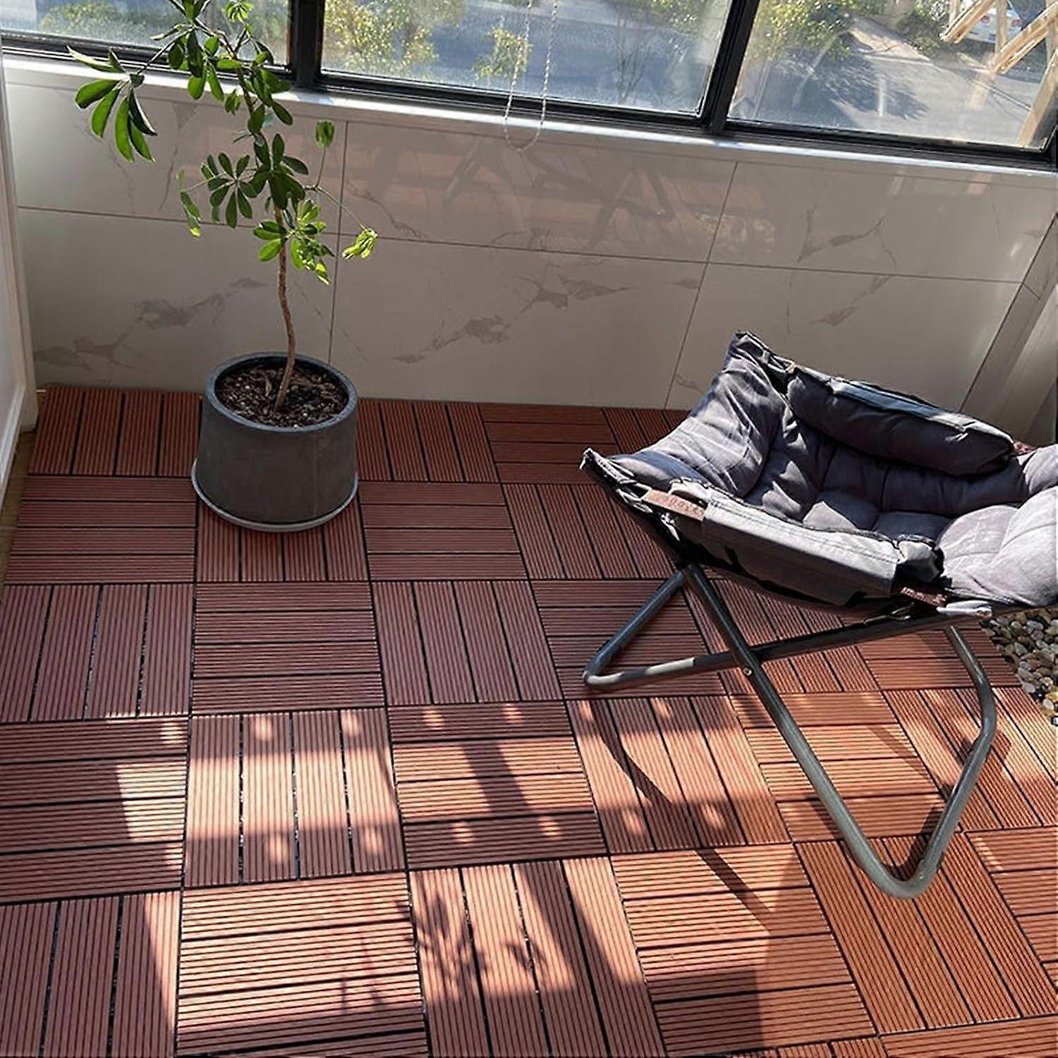 1 Piece Square Interlocking Deck Tiles with Striped Pattern for Pool, Backyard, Garage, Mahogany Color