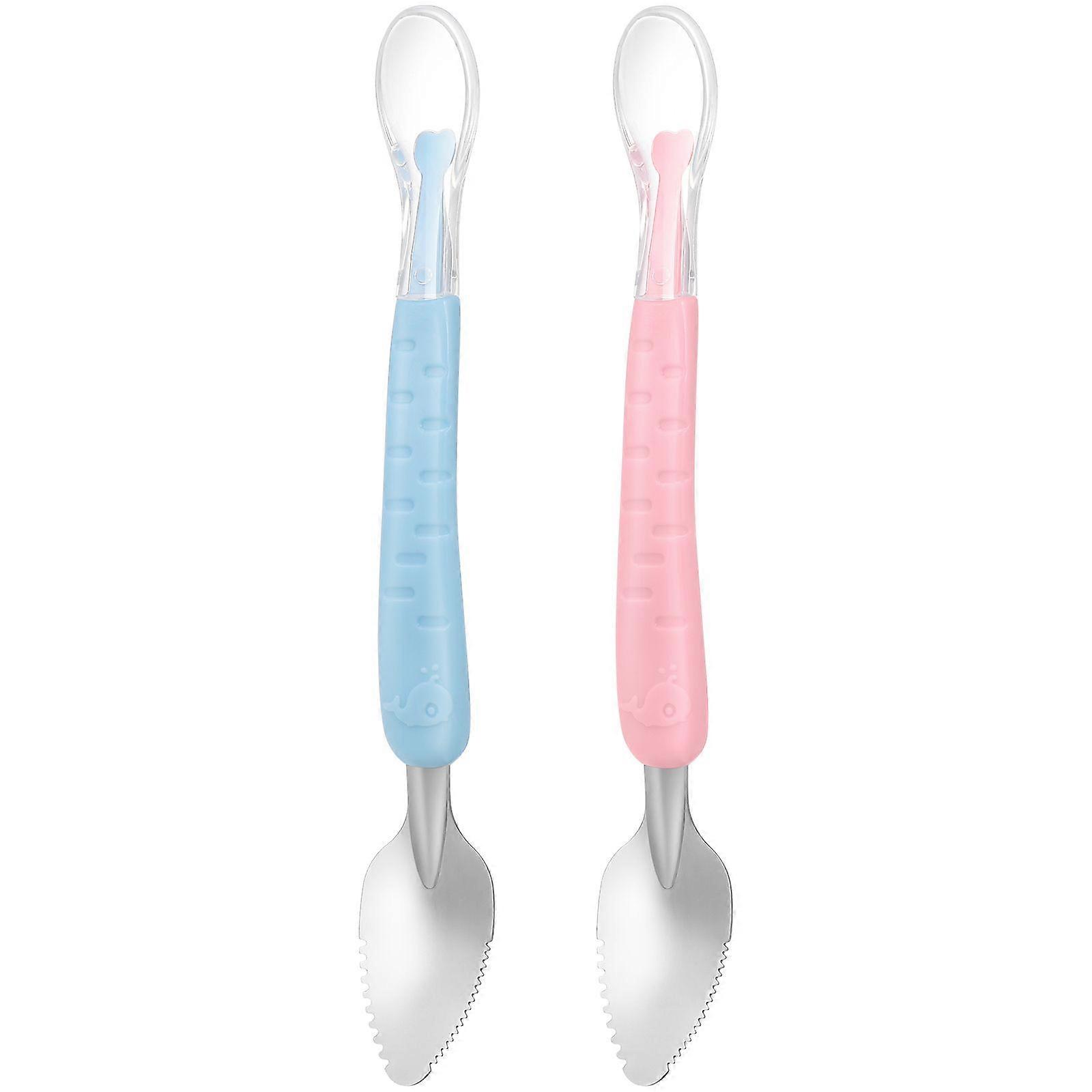 2pcs Kids Double-headed Spoon Silicone Handle Fruit Puree Spoon Eating Tool