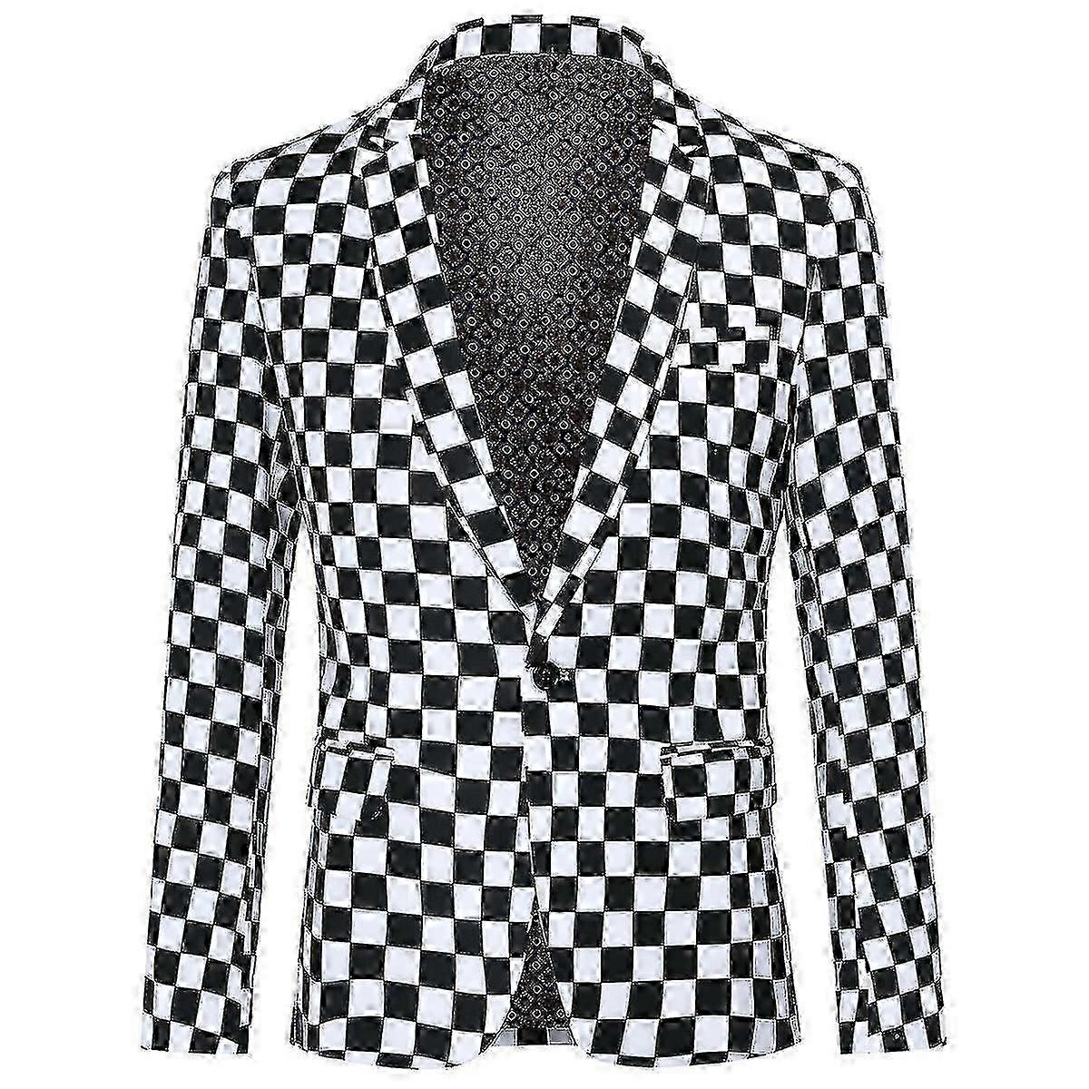 Men's One Button Casual Blazer Black White Square Style