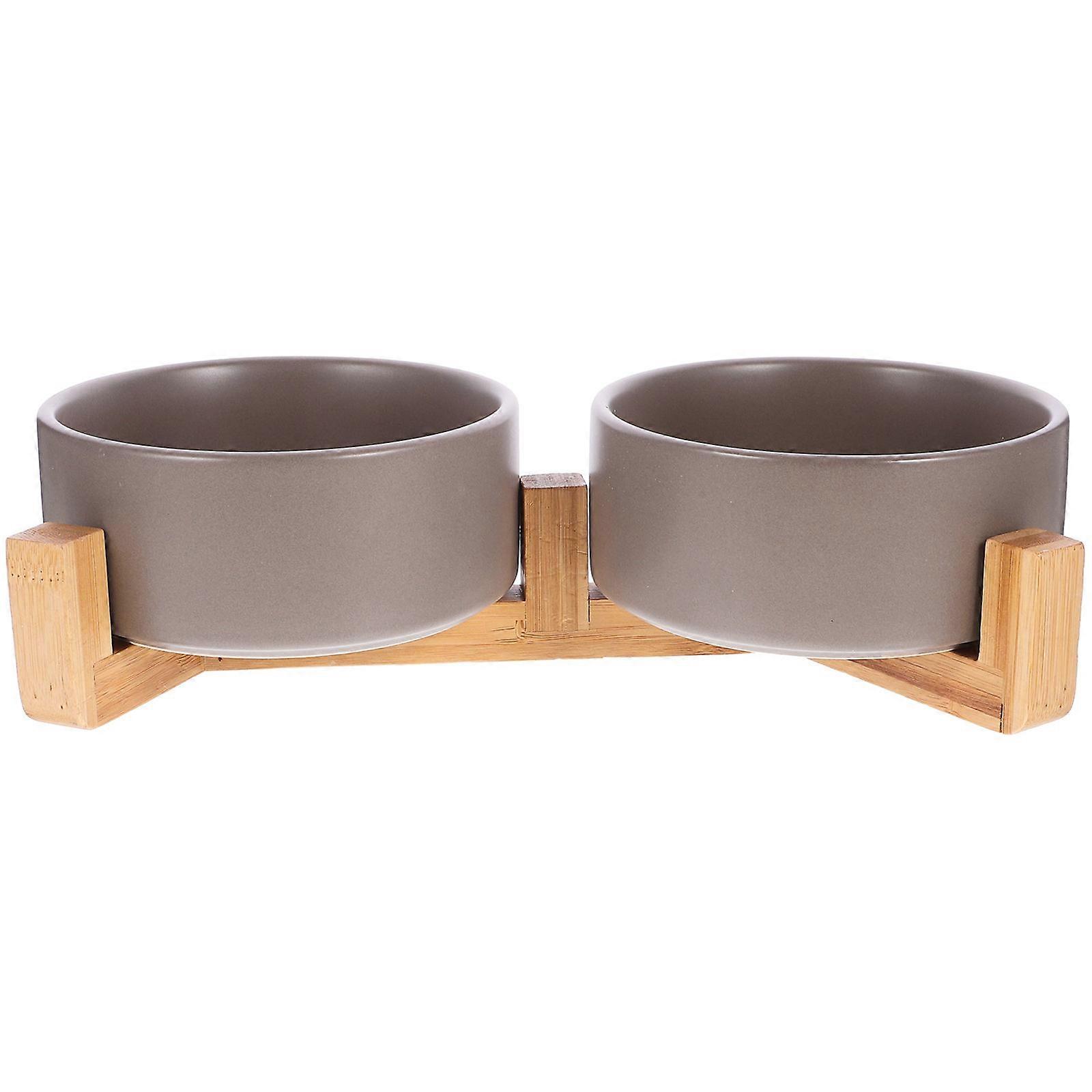 Pet Feeder Ceramic Bowl with Wood Base for Feeding Dogs and Cats 2Sets