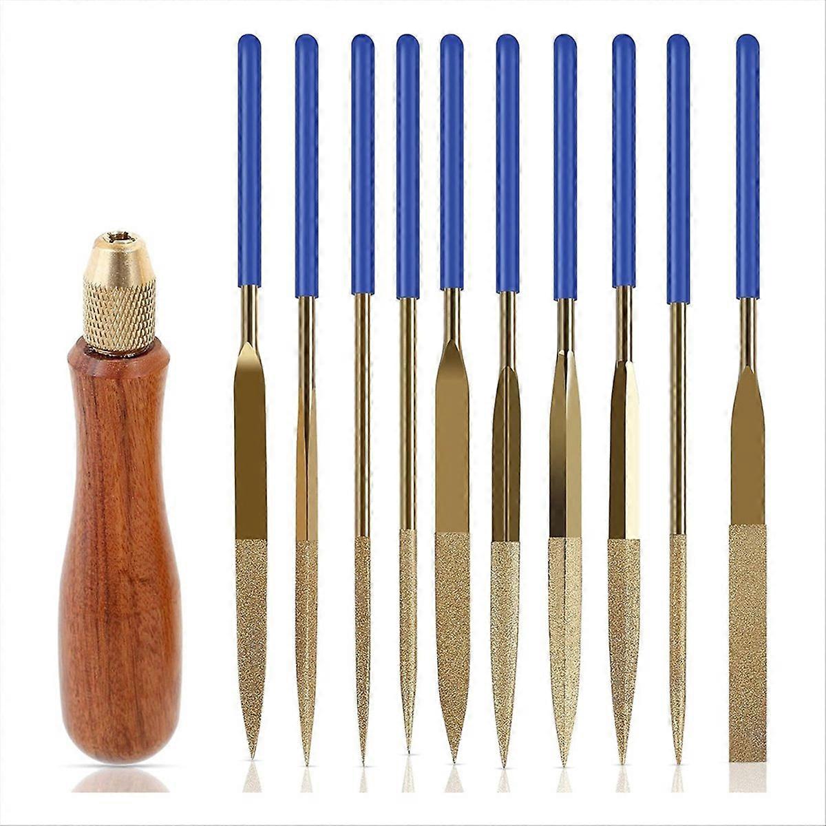 10 Pcs Needle File Set, Wooden Handles with Brass Collet Chuck, Balance Shock Absorbing Wood Handle File Hexagon Shank