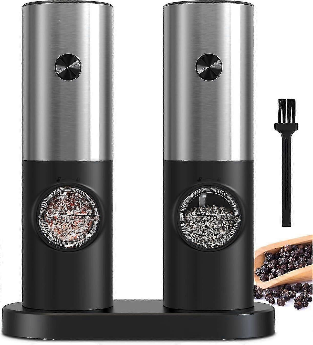 Electric Pepper & Salt Grinder Set, Battery-Powered Adjustable Coarseness Mill with Stand