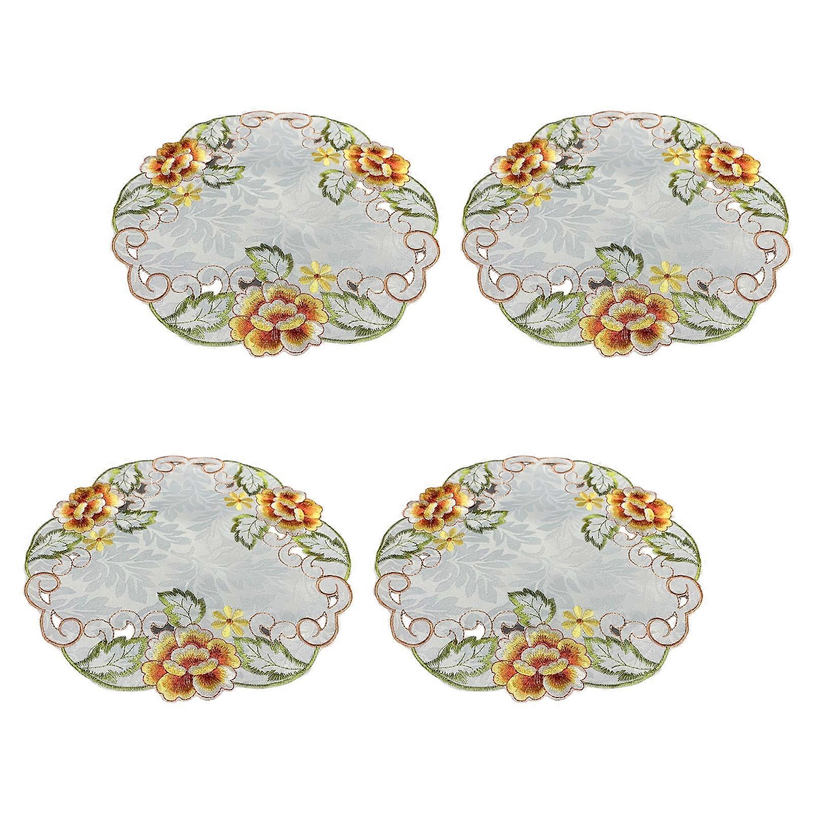 Floral Embroidered Polyester Tables Mats Set of 4 Efficient 30cm Round Placemat for Dining Wedding Parties Setups Multicolor