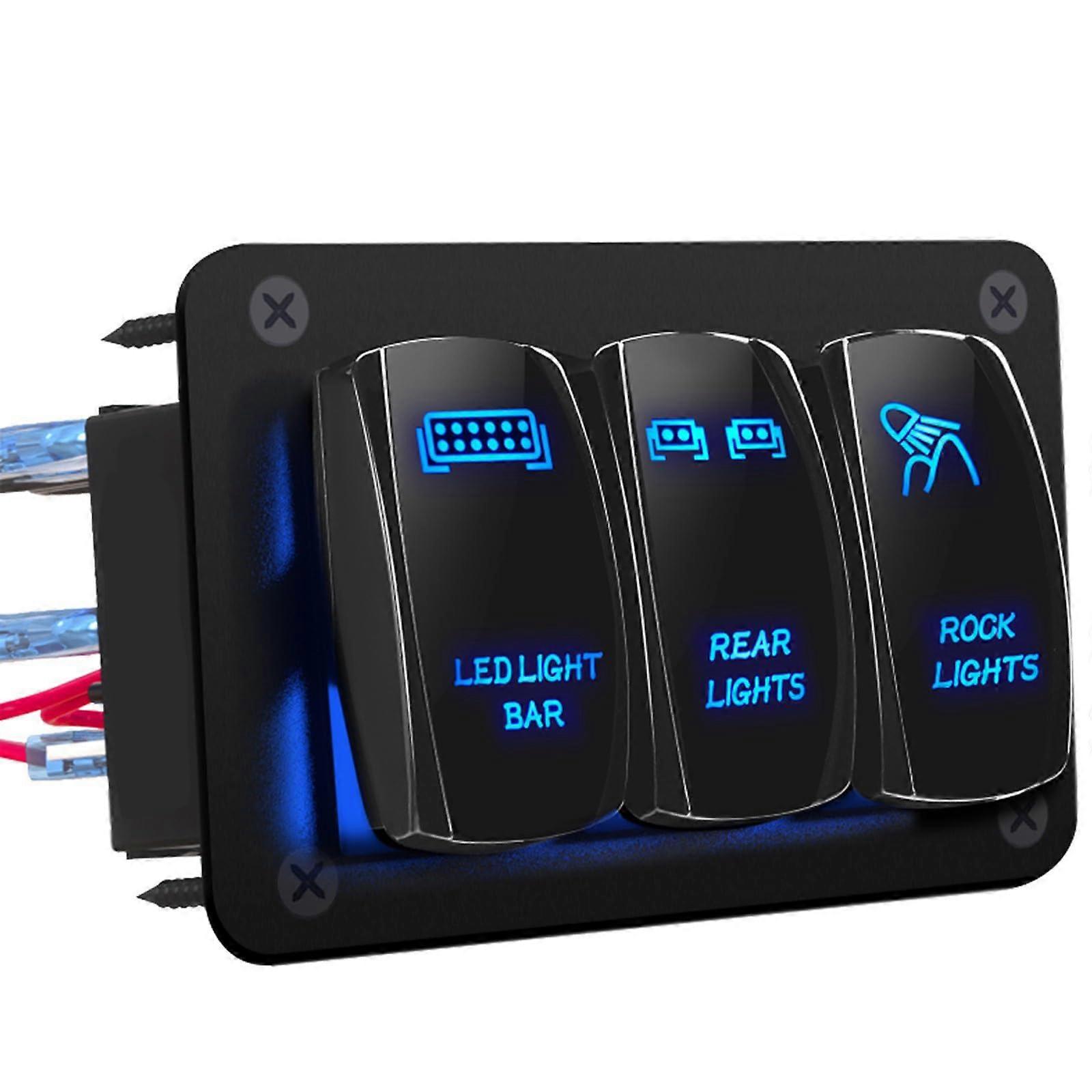 3 Gang Rocker Switch Panel 12V 24V with Blue LED Toggle for Car RV Marine Boat