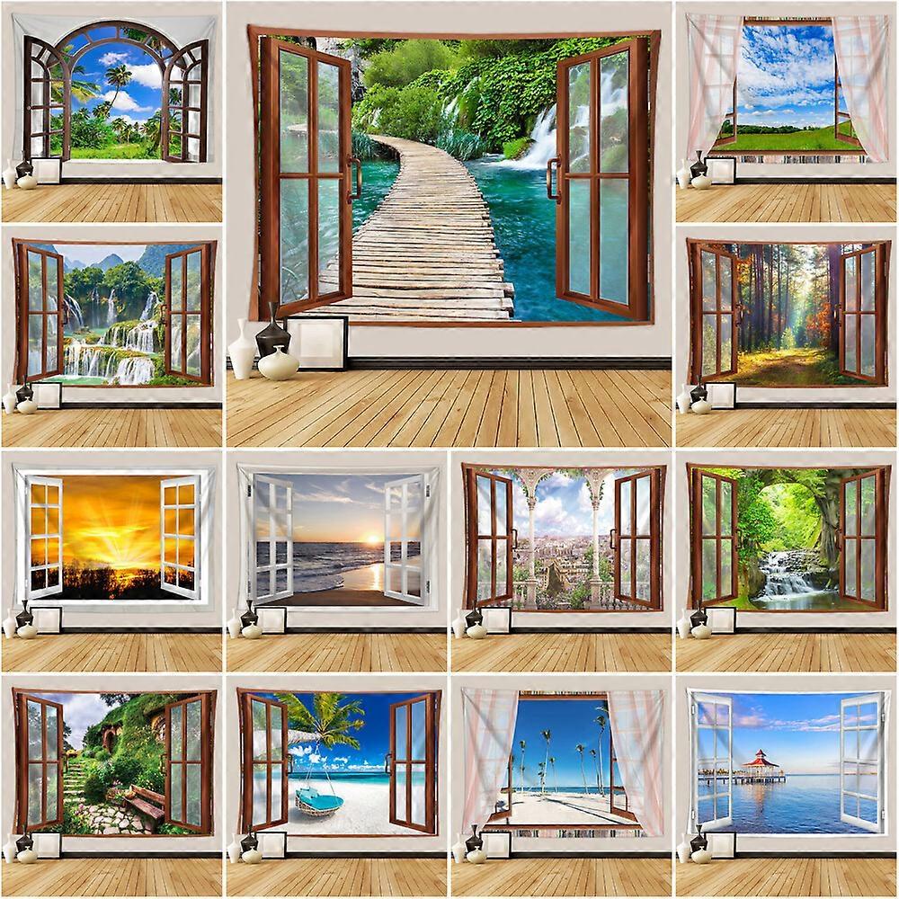 3D Window Scenery Forest Wall Hanging Tapestry Throw Blanket Bedspread Home Art