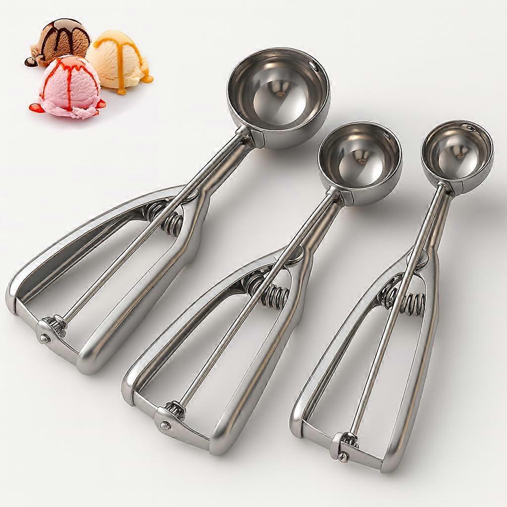 Ice Cream Scoop Set of 3 – Stainless Steel Cookie Scoops with Trigger Release and Comfort Grip for Baking
