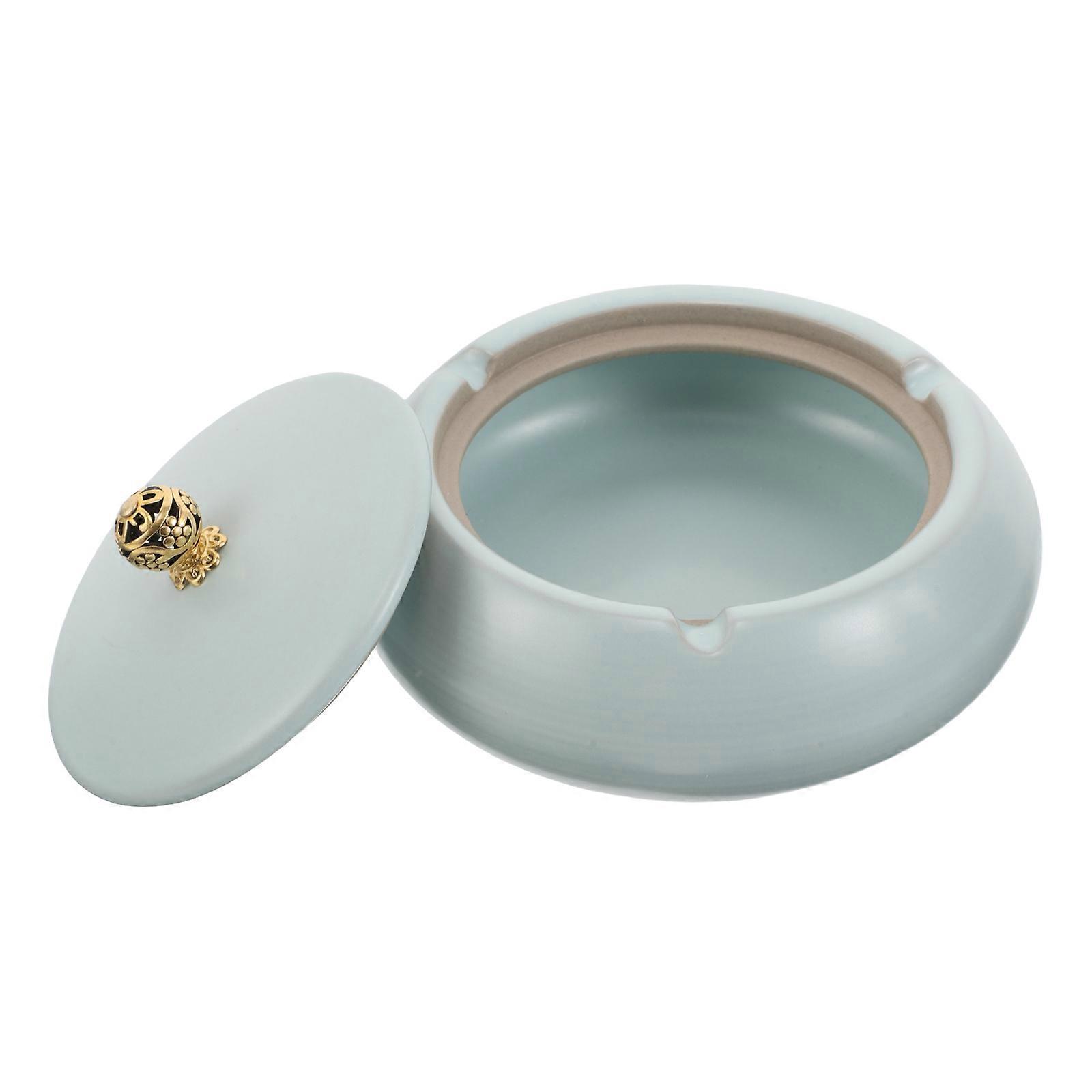 Ceramic Ashtray with Lid for Windproof Function Blue Color