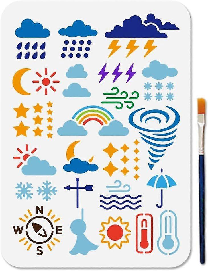 Weather Forecast Stencils 11.78.3inch Reusable Lightning Thunder Stencil for Painting Rainbow Tornado Art Craft Template with Paint Brush for Window W