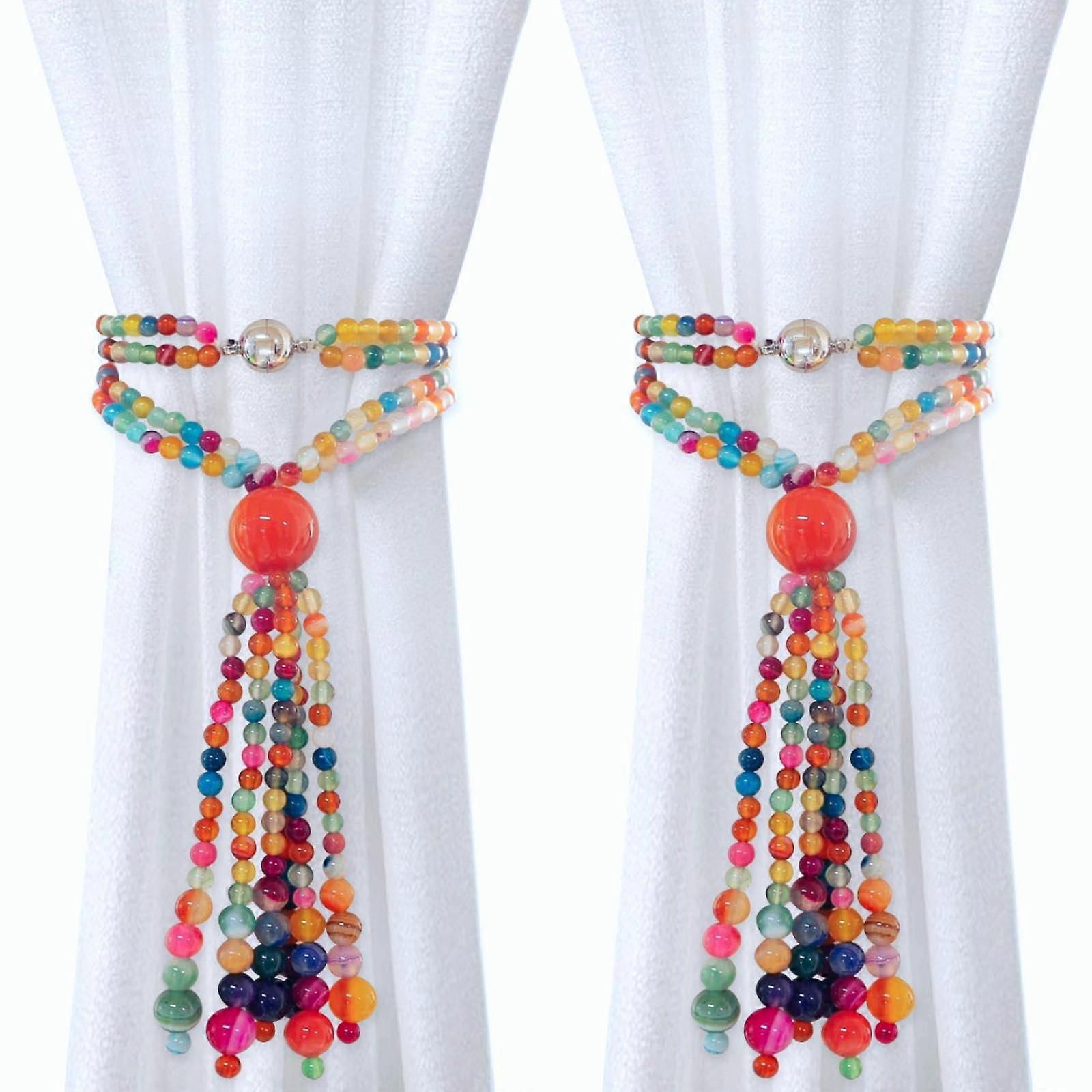 Beaded Magnetic Curtain Tiebacks Set of 2 Boho Style No Drill Holders for Drapes and Sheer Curtains