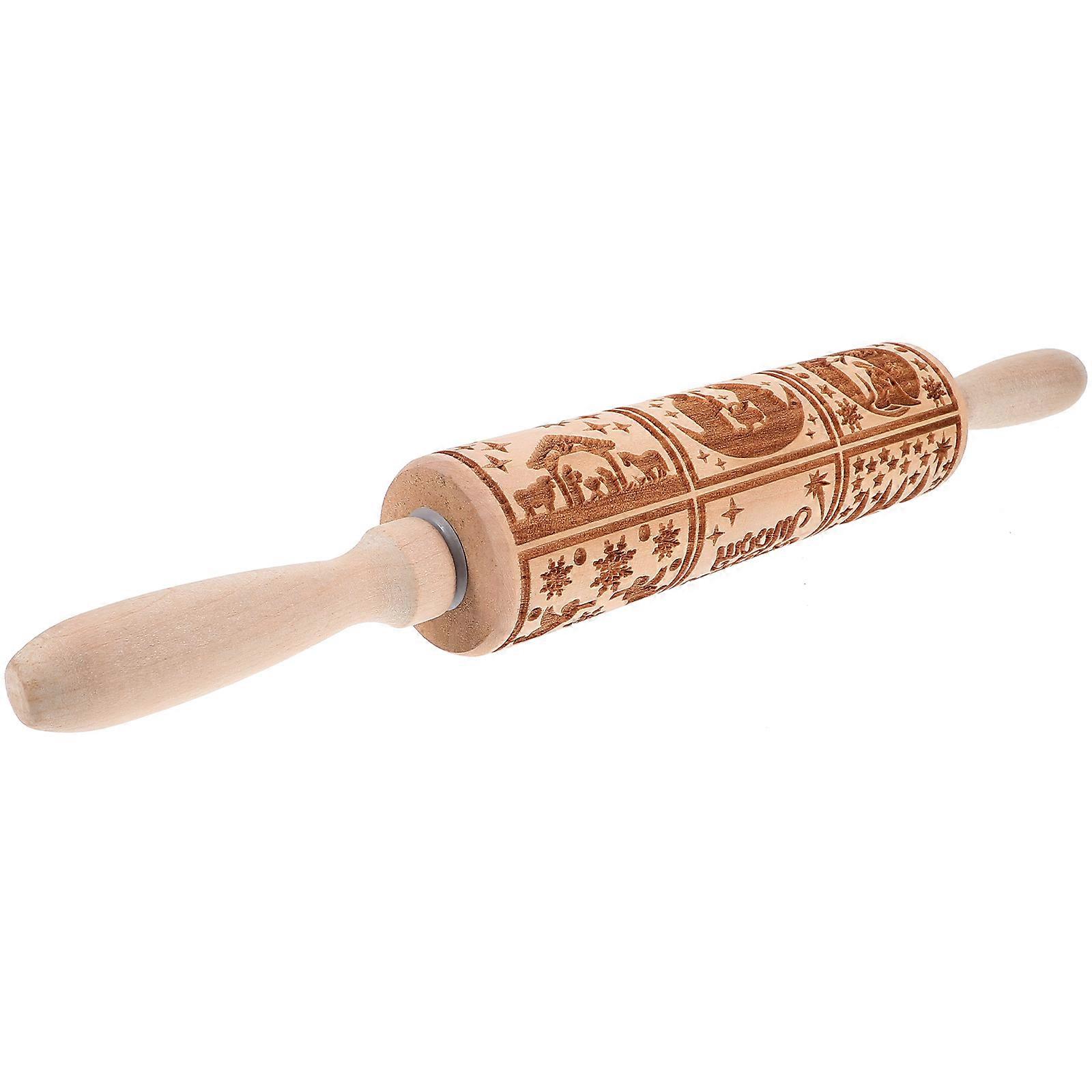 Wooden Rolling Pin for Baking with Creative Jesus Birth Pattern Multi Functional Kitchen Tool
