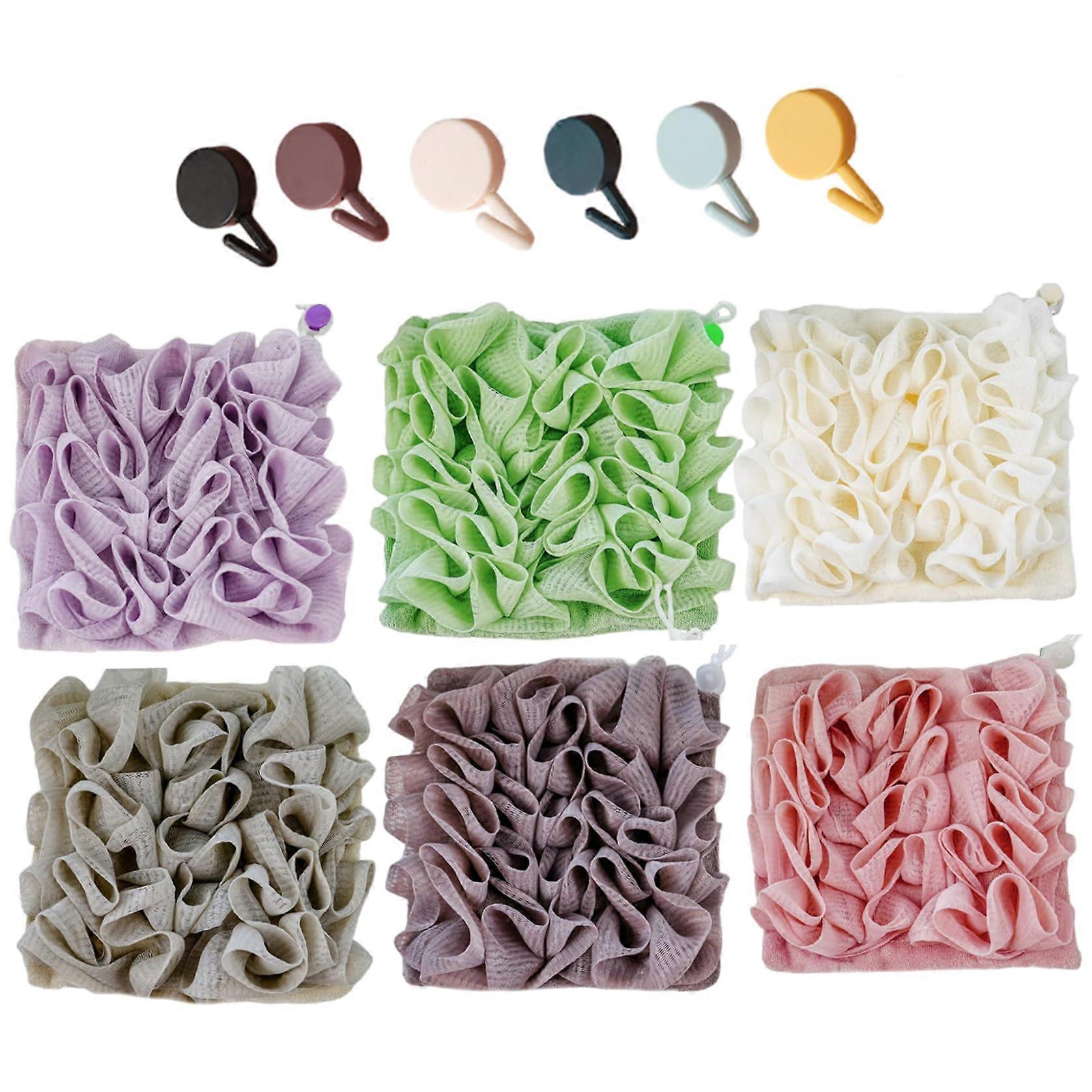 2in1 Loofah Washcloth 6Pack DualSided Exfoliating Bath Sponge with Drawstring Soap Pouch