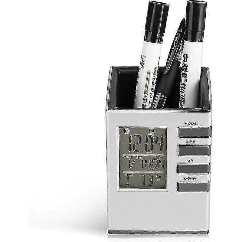 Multifunctional Desk Led Clockbrush Pot Pen Holder Temperature