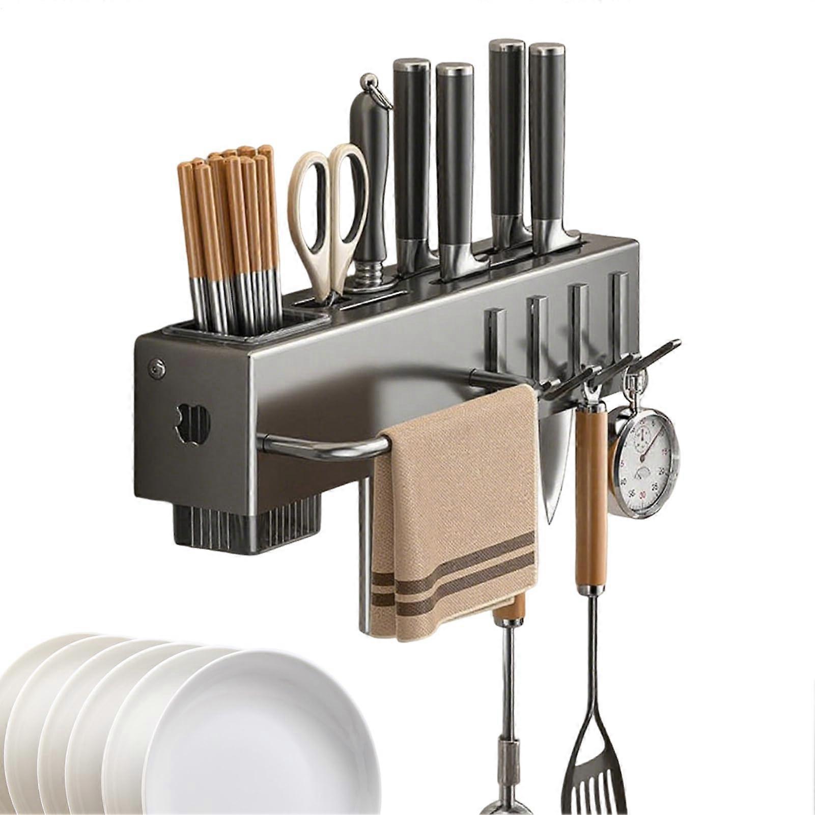 Wall Mounted Utensil Rack No Drill with Hooks SpaceSaving Kitchen Storage Holder Gun Grey 30CM