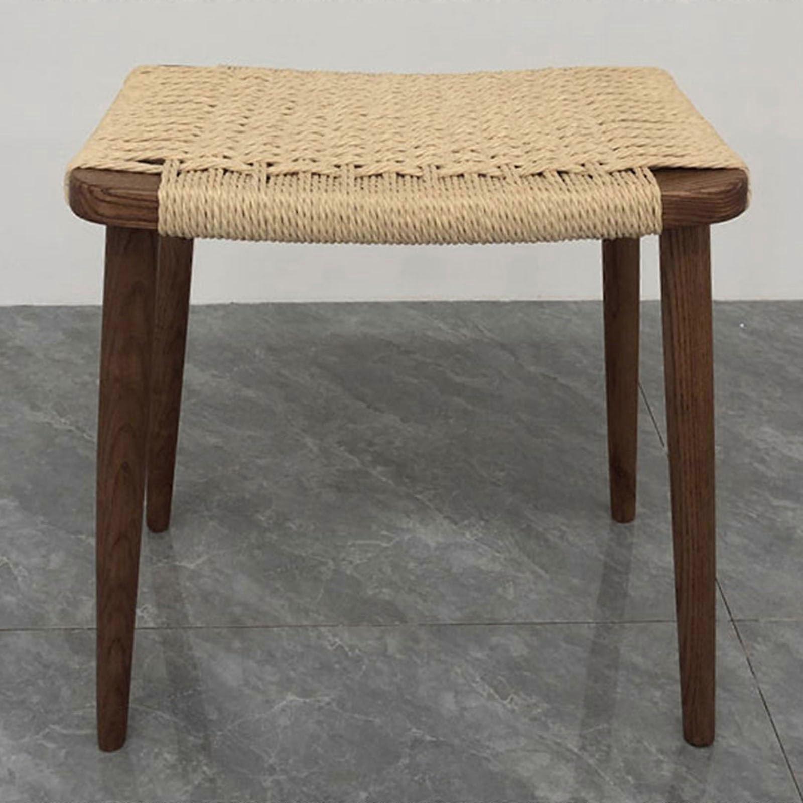Handwoven Hemp Rope Vanity Stool with Solid Wood Legs for Bedroom or Entryway Decor Walnut