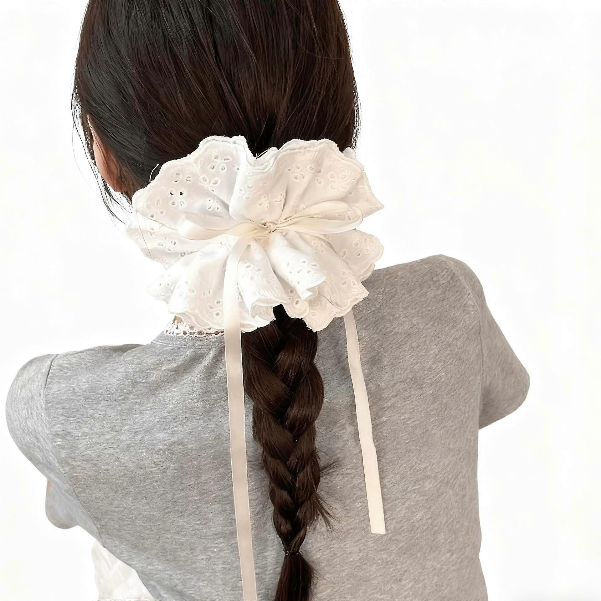 Ivory Lace Hair Scrunchie with Adjustable Drawstring, FourLayer Ruffle Volume for Women