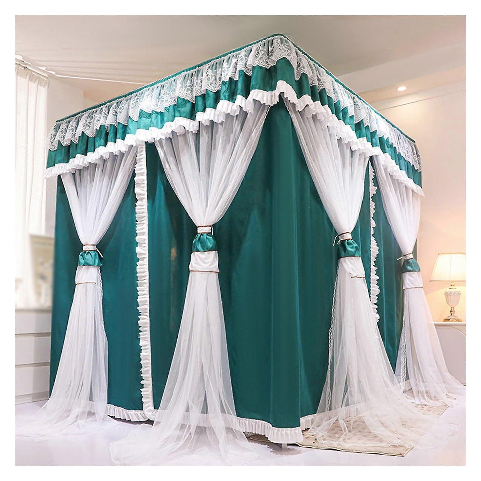 Luxury Mosquito Net ThreeDoor King Bed Canopy DoubleLayer DustProof Embroidered Dark Green