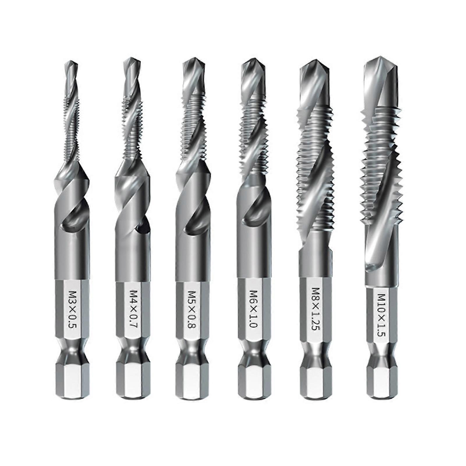 6Pcs Combination Drill Tap Bit Set High Durability Rustproof Spiral Design Wide Application Tapping Bit Tools for Drilling Threading