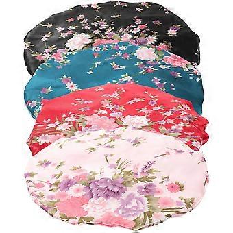 Ladies Sleeping Cap Satin Bonnet for Sleeping 4Pcs Printed Elastic Wide Hats
