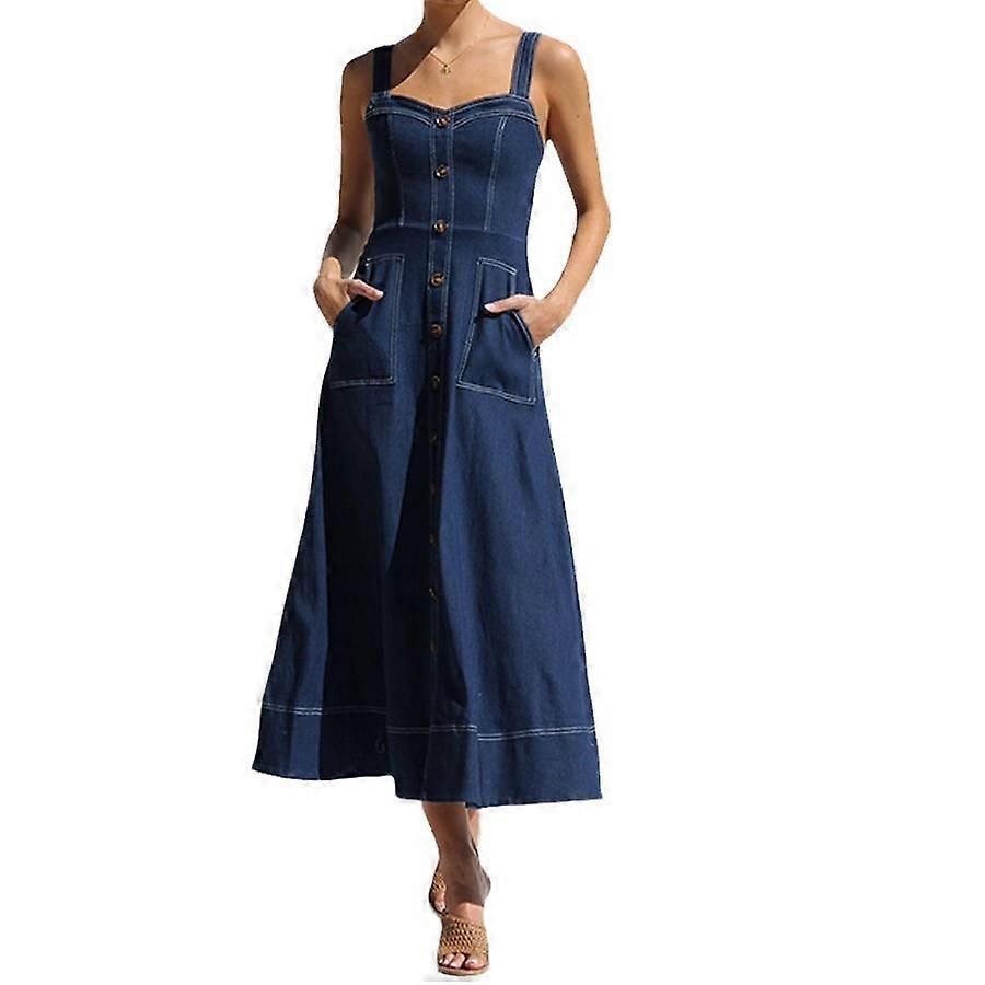 Fall Winter Distressed Denim Button Long Dress