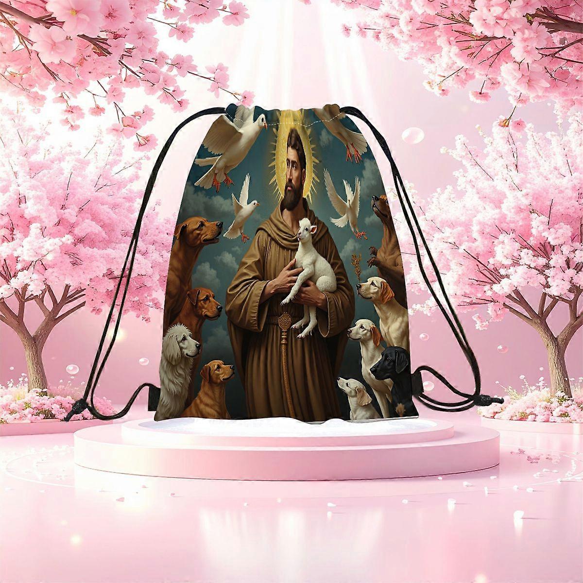 2D Flat Drawstring Bag, St. Francis And Animals Pattern [Drawstring Backpack - Large Capacity Foldable Rucksack, Durable-Cqazw