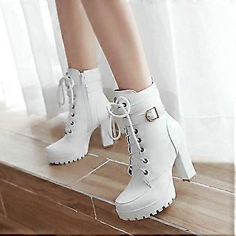 Tacones altos cuadrados Botas de mujer Otoño Invierno Moda Puntera redonda Hebilla Plataforma cómoda Botines Negro Marrón Blanco