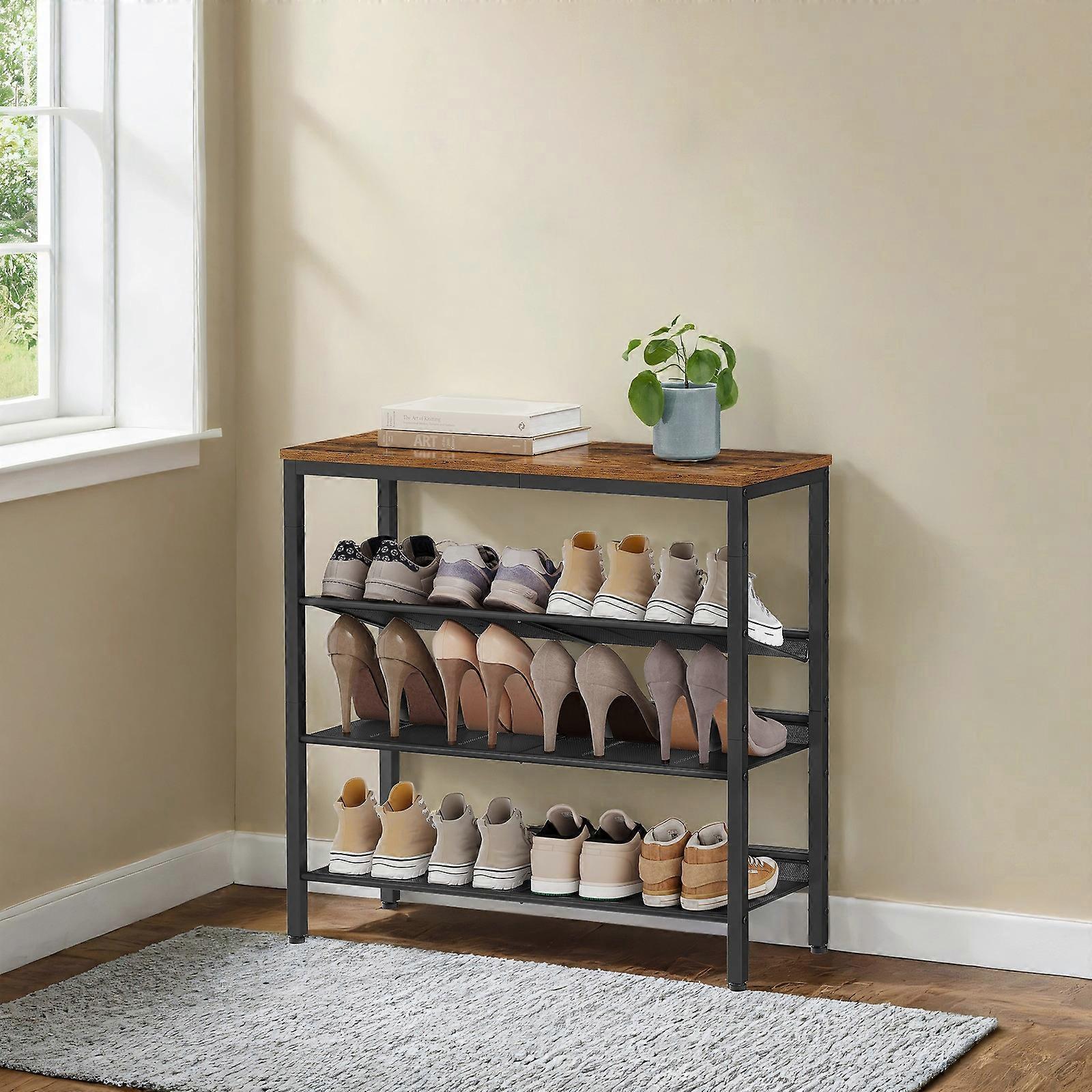 Four tier shoe storage rack with adjustable mesh shelves