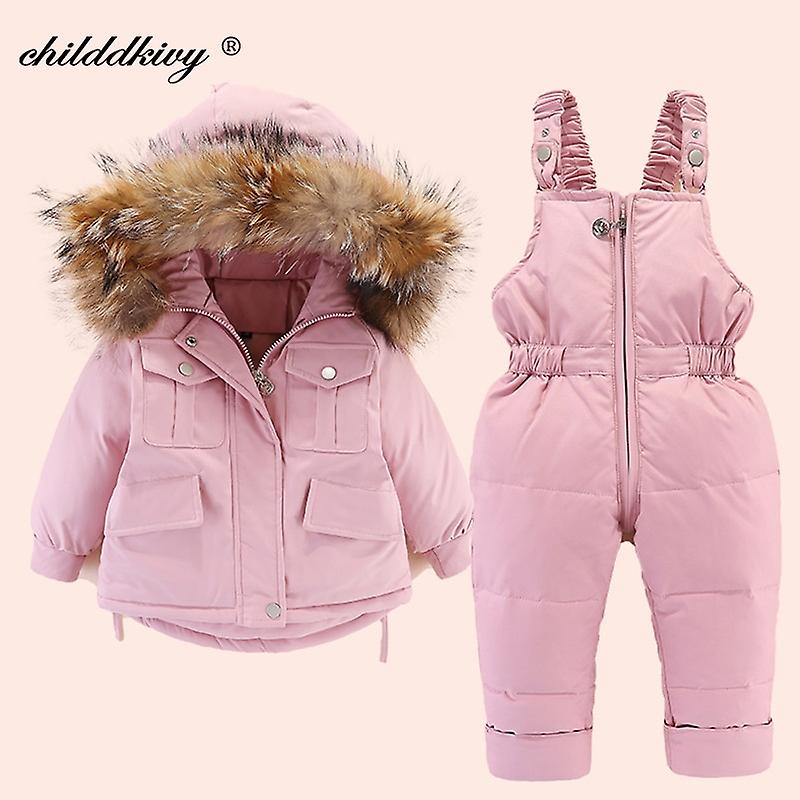 2pcs Set Baby Girl Winter Down Jacket And Jumpsuit For Children Thicken Warm Jacket For Infant Snowsuit 0-4year Pink