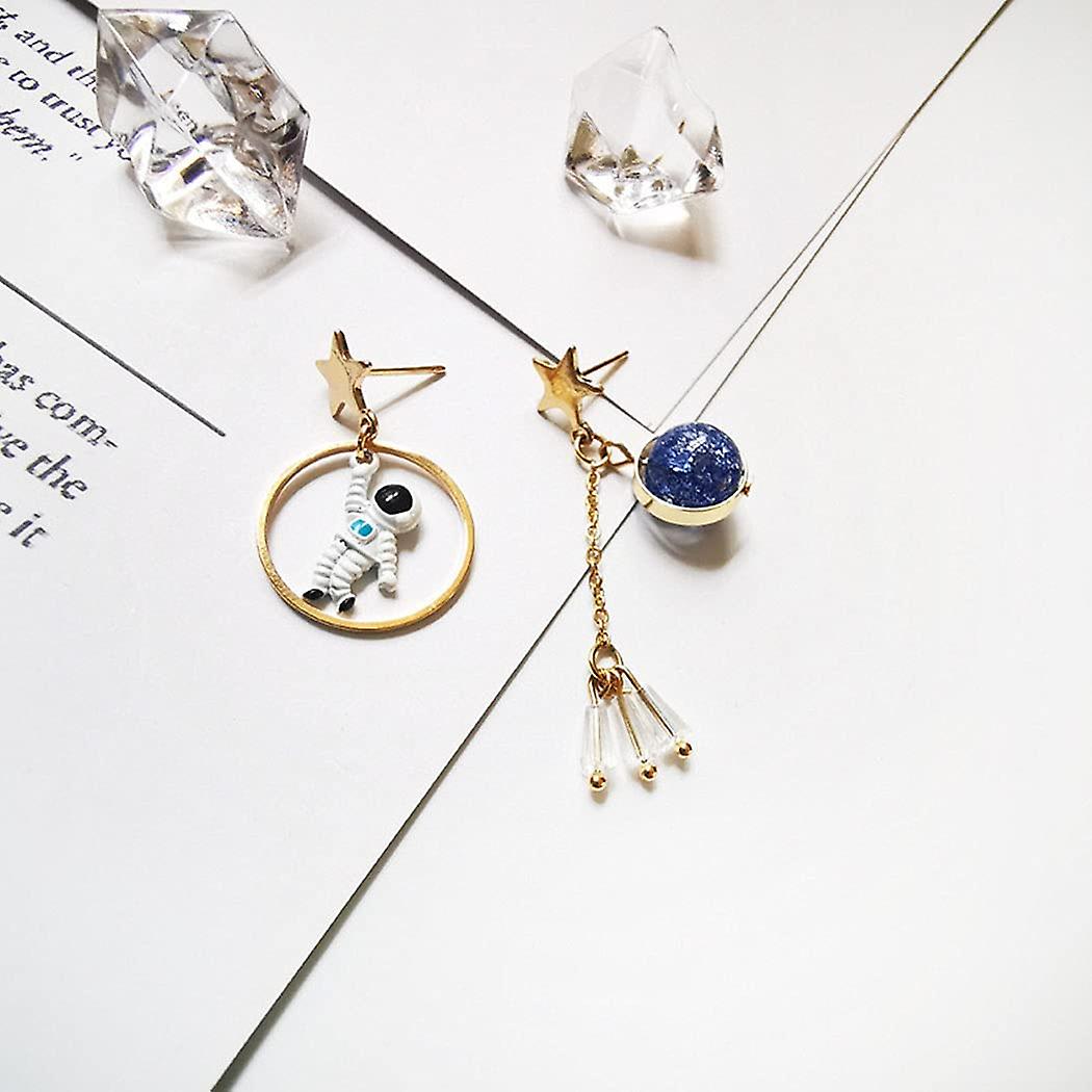 Creative Cartoon Astronaut Stud Earrings – Asymmetric Spaceman Star & Moon Drop Earrings For Women - View #9