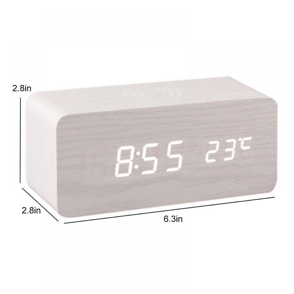 Digital Wooden Alarm Clock with Wireless Charging, 3 Alarms, LED Display, Snooze, Sound Control, Adjustable Brightness for Bedroom