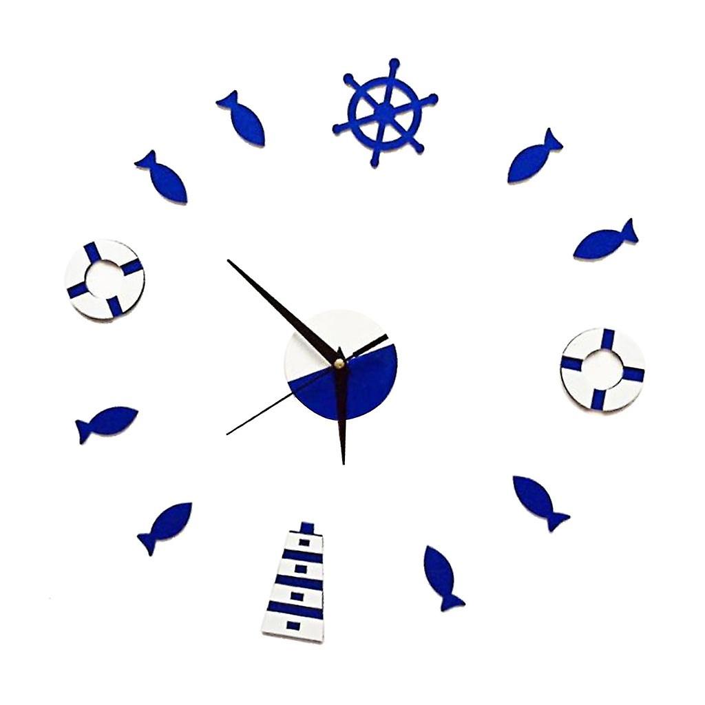 Mediterranean Style Wall Clock Rudder Tower Small Fish DIY Mute Clock Blue