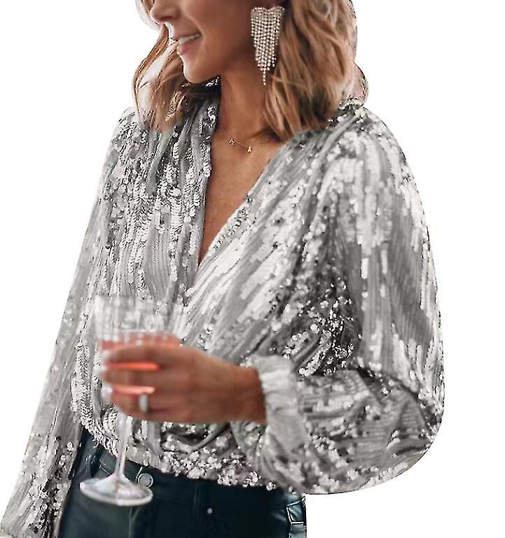 Donne paillettes Sparkle V scollo camicia a maniche lunghe per partito