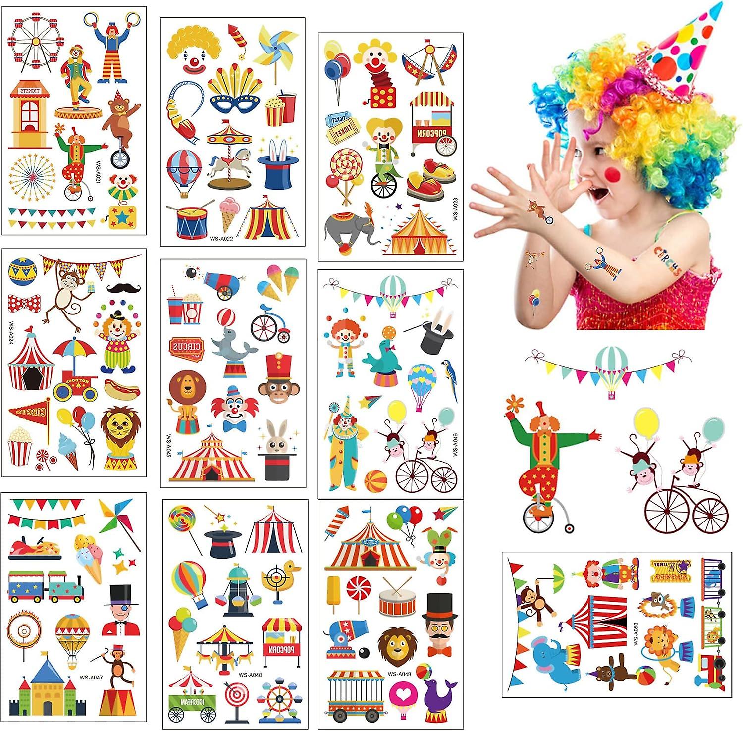 Circus Temporary Tattoos for Kids, 10 Tattoo Sheets