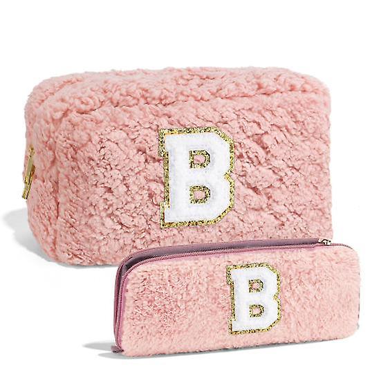 2Pcs Makeup Bag Imitation Lamb Wool Fabric Soft Touch Easy to Carry Double Zipper Portable Toiletry Bag