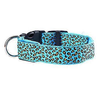 Leopard Led Adjustable,Night Safety Nylon Luminous pet dog collar, Blue,Size L