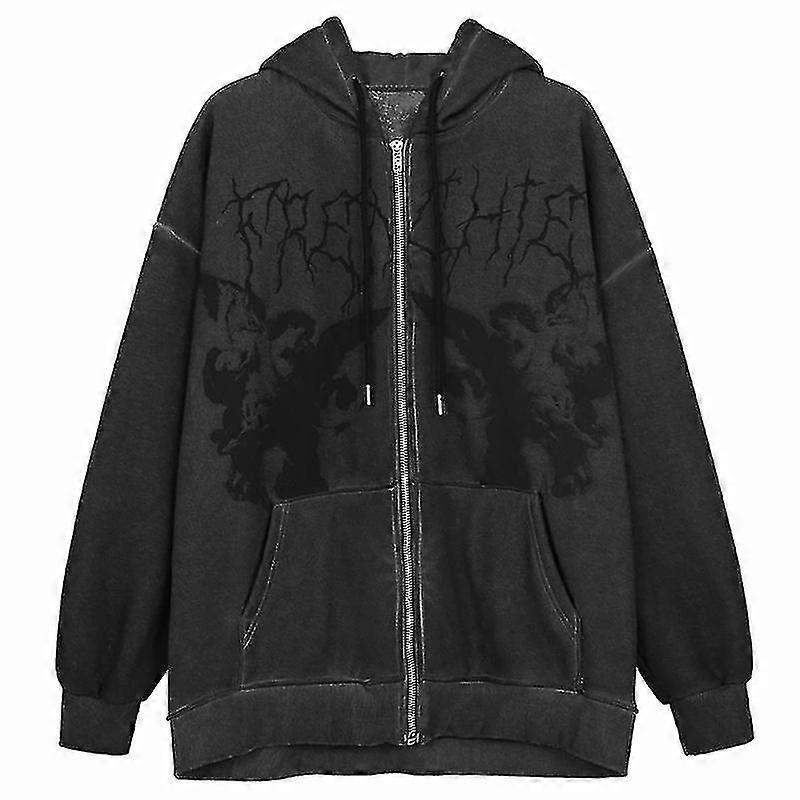ヒップホップ ストリートウェア レディース パーカー ゴスエンジェル ダークプリント ジッパージャケット コート 原宿 Y2k フード付き トップ服 メンズ レディース パンク Outwear_ba