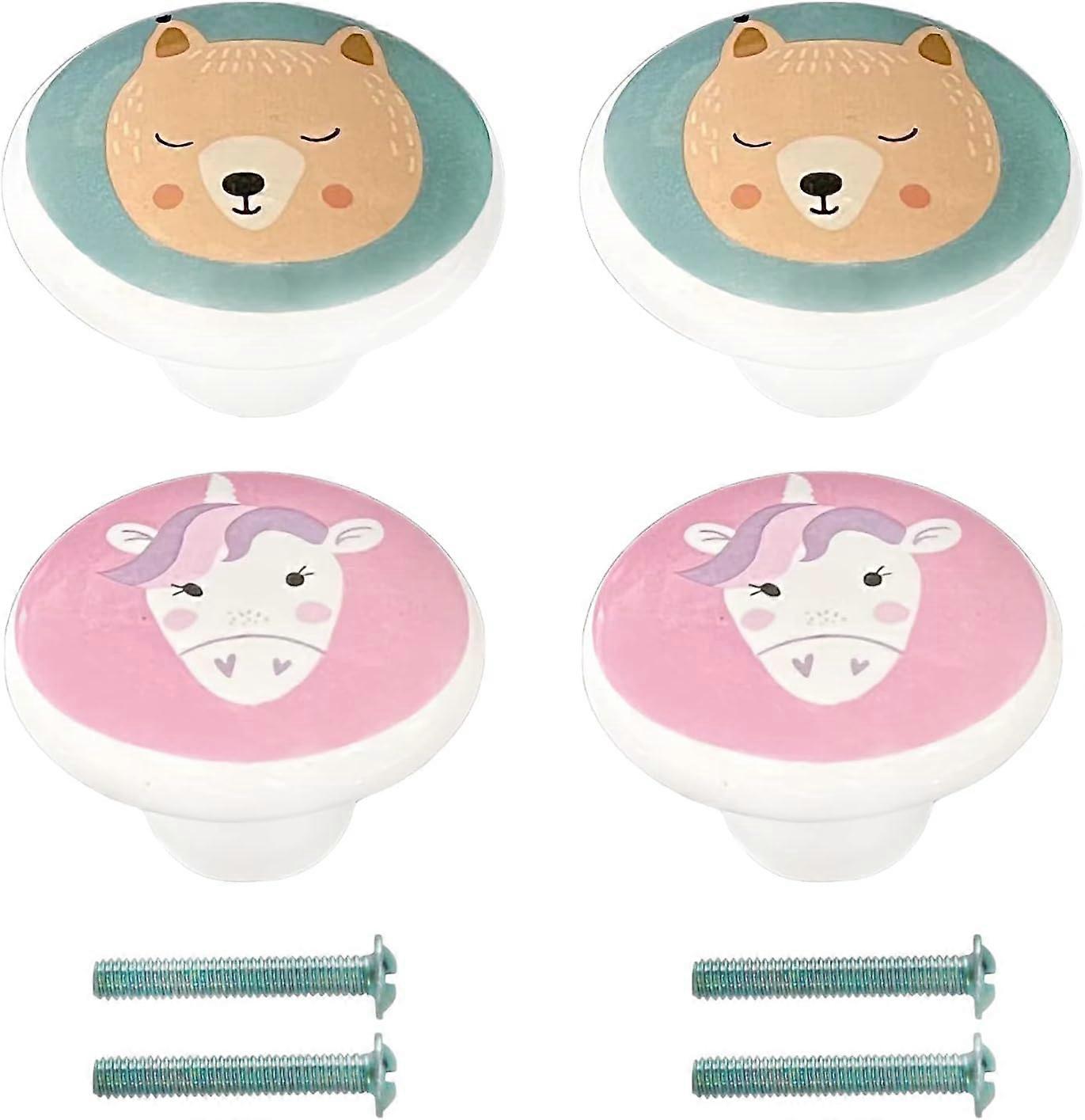 4Pcs Kids Ceramic Cabinet Knobs Bear and Unicorn Drawer Pull with Screws, Cute Round Door Knobs Anim