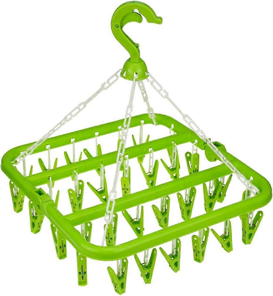(Green) Clothes hanger with 32 clips, foldable clothespin rack