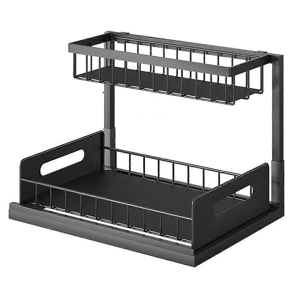 Under Sink Kitchen Organizer with Cups and Hooks, 2 Tier L Shaped Rack Pull Out Under Sink Storage