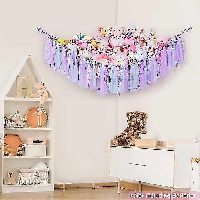 Hand-woven colorful ribbon cotton rope net bag, hanging plush toy hammock, colorful tassel stuffed animal hammock, suitable for children's playroom an