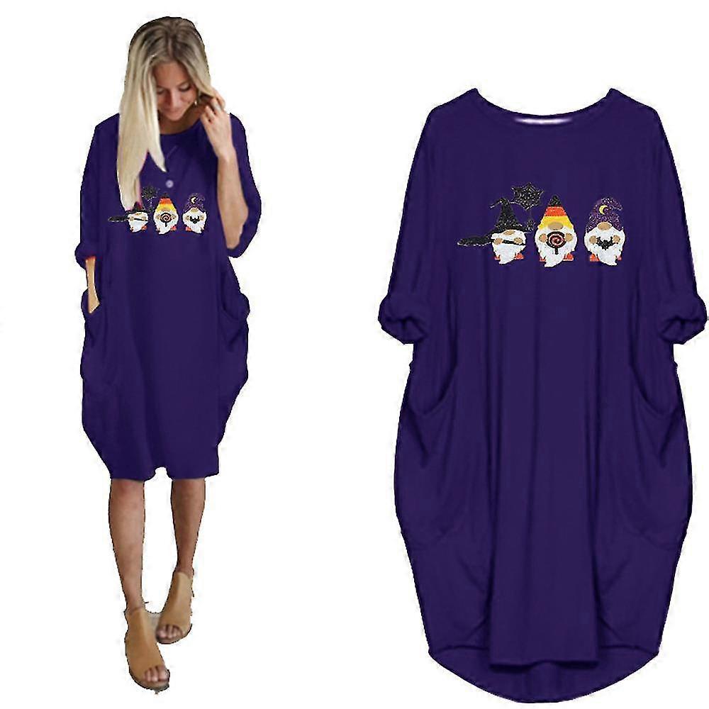 Plus Size Womens Halloween Cartoon Dwarf Printed Crew Neck T-shirt Dress With Pockets