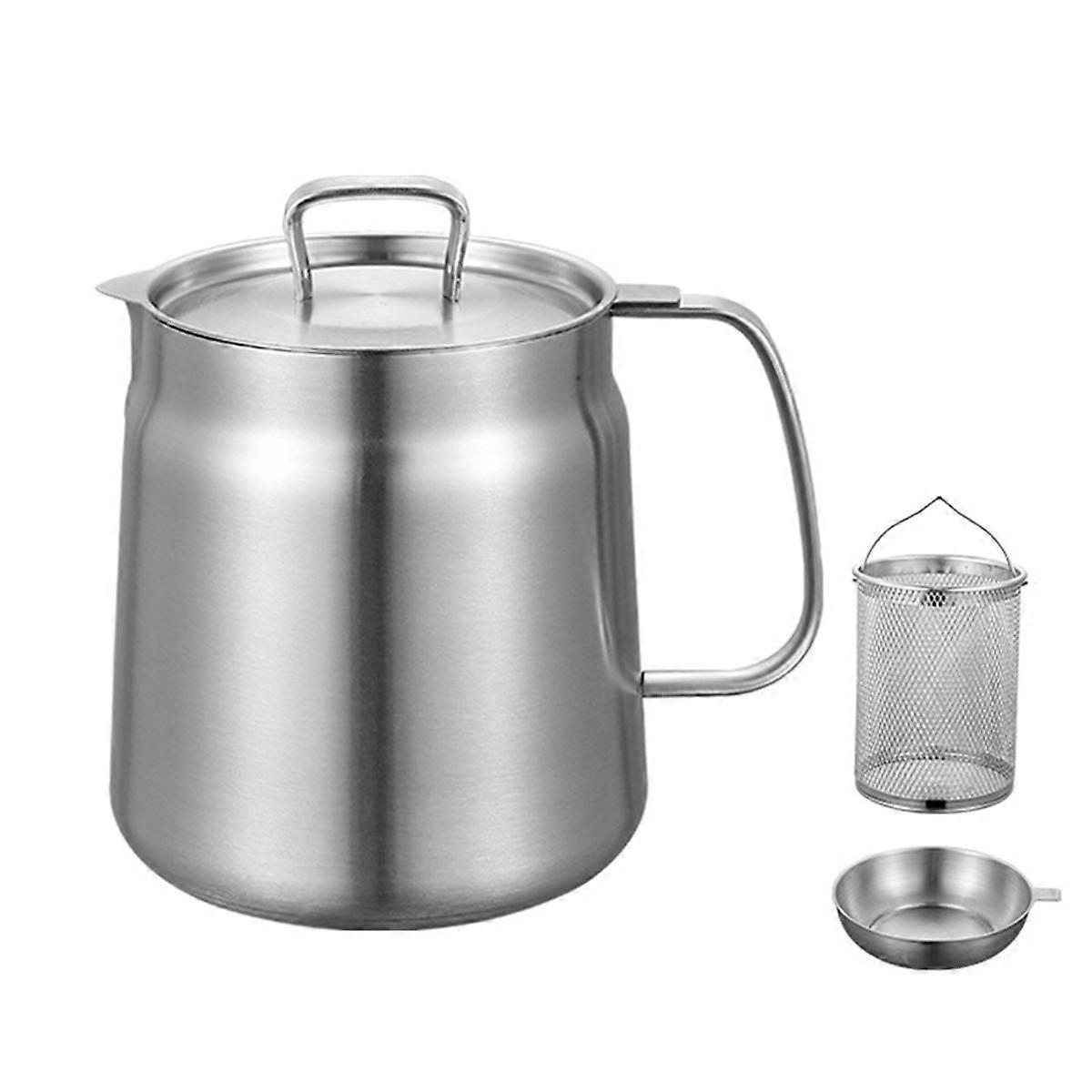 Oil Pot 2L, Oil Pot Stainless Steel Large Capacity Oil Fryer and Filter Cup Combo Versatile Oil Filter for Kitchen