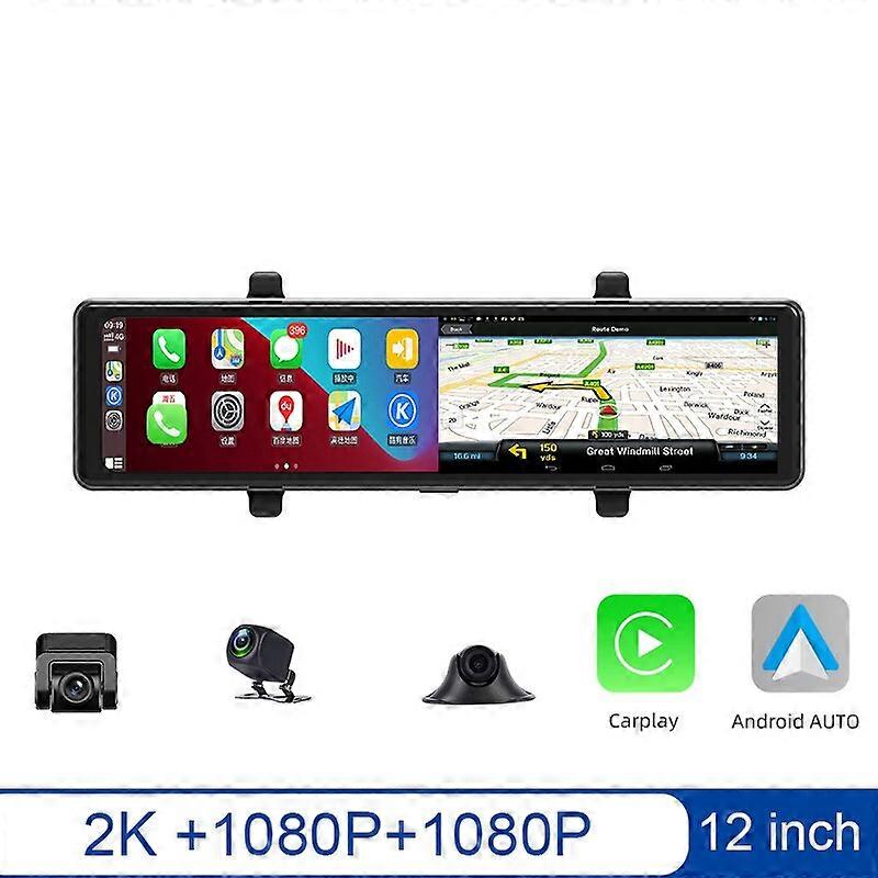 Car Rearview Mirror DVR 12 Inch Dash Cam Apple Carplay Video Recorder Bluetooth WIFI Android Auto 3 Cameras 2K+1080P Recording