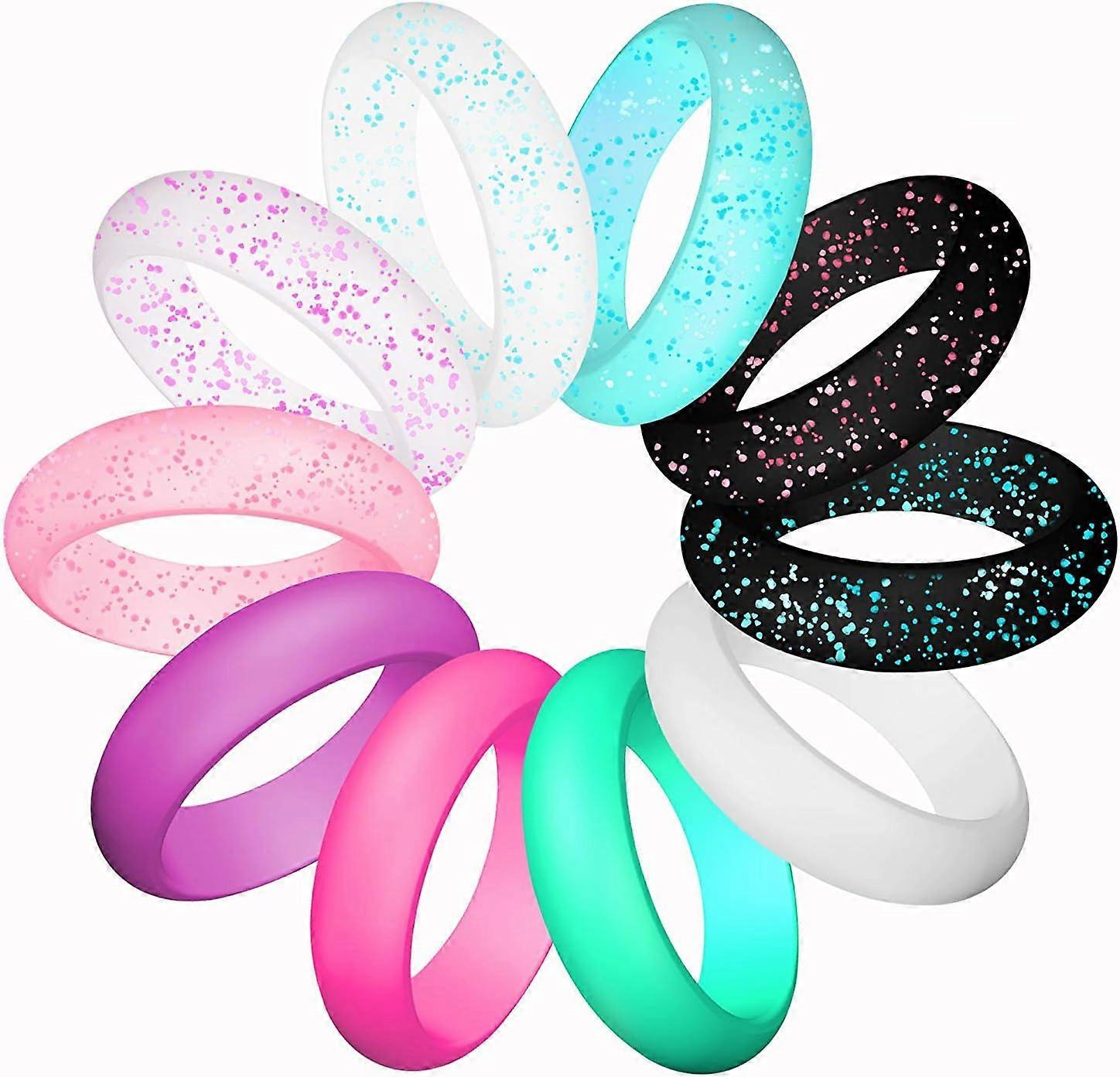Silicone Wedding Bands for Women, Thin and Durable Stackable Elastic Bands for Love, Couples, Memories and Outdoor Styles - Set of 10 Rings, Size 6