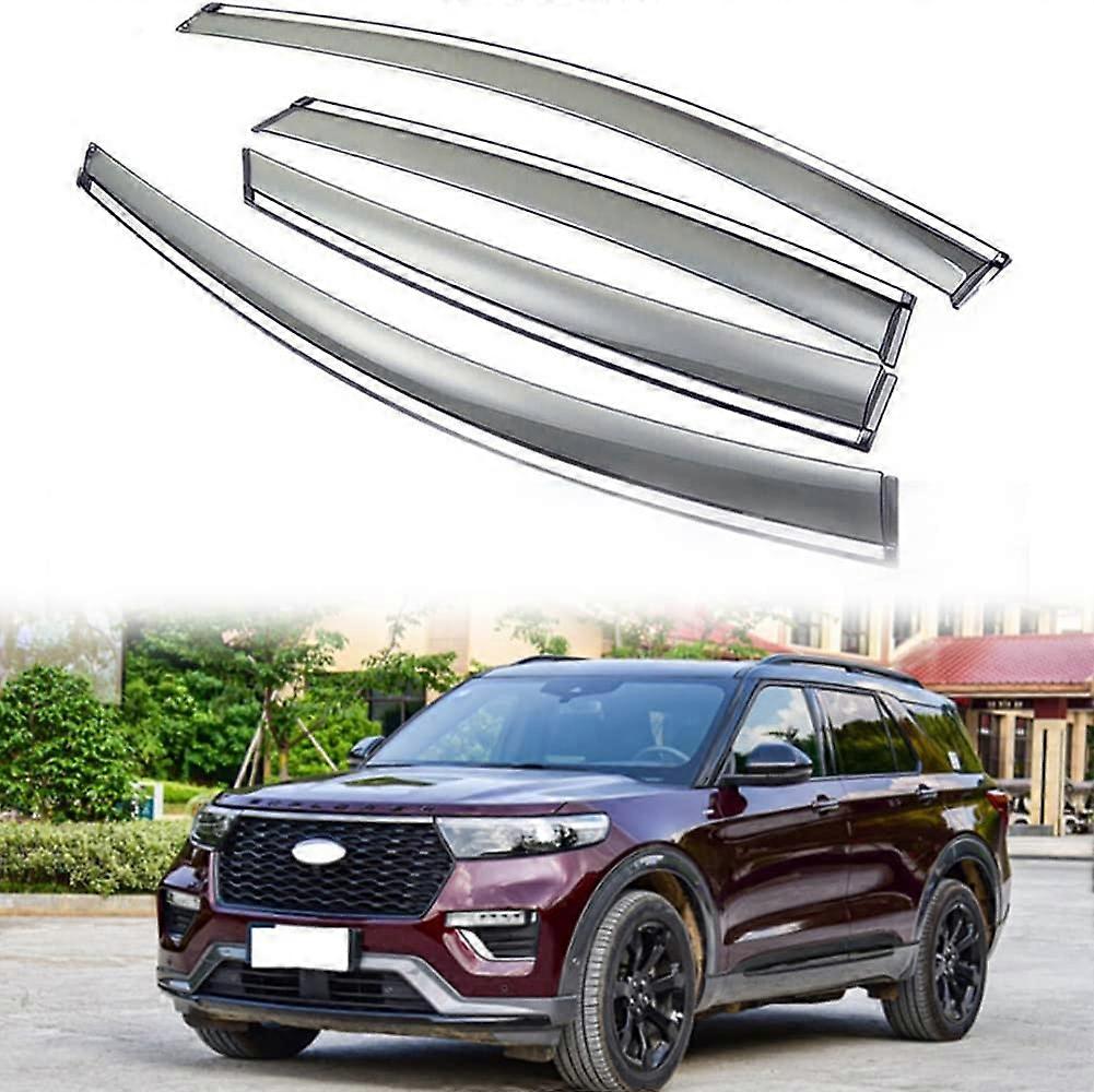لفورد اكسبلورر 2020 2021 2022 إكسسوارات واقي المطر شريط على نوافذ قناع تنفيس مع شريط فضي دخان داكن مقاوم للكسر 4 قطع مجموعة.