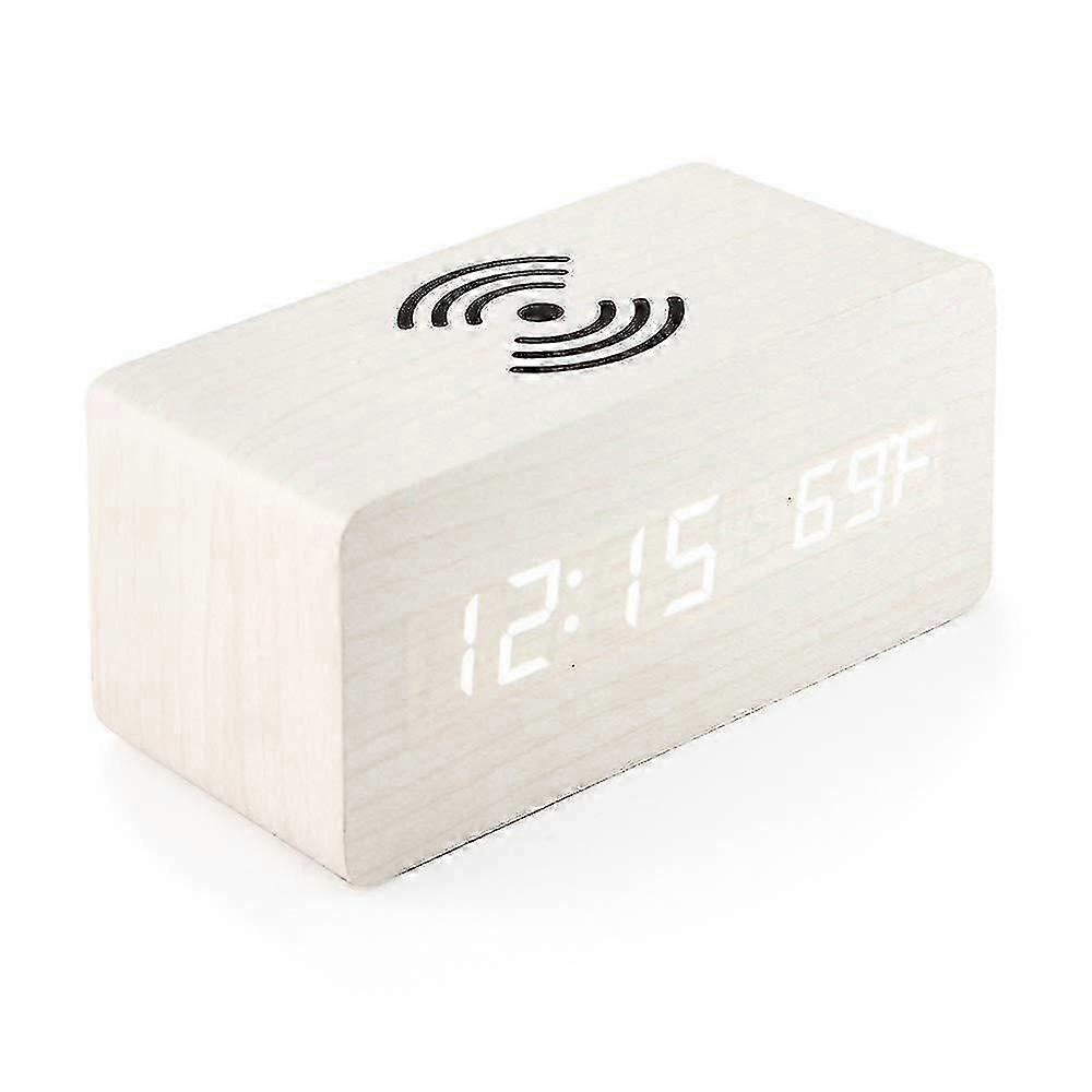 Wooden Digital Alarm Clock With Wireless Charging, 3 Alarms Led Display, Sound Control And Snooze Dual For Bedroom, Bedside, Office