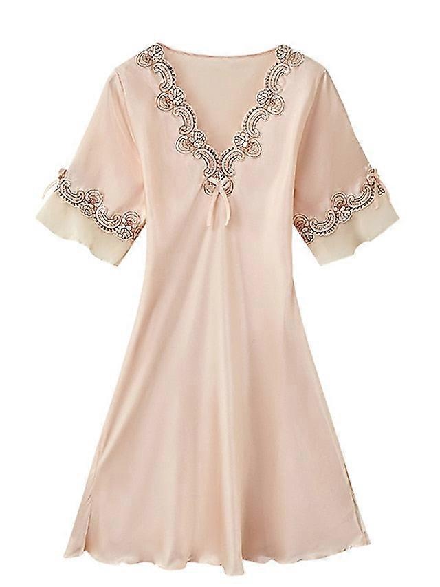 Elegant Women's Satin A-line Mini Dress With Lace Bow, V-neck, Solid Color For Home Lounge