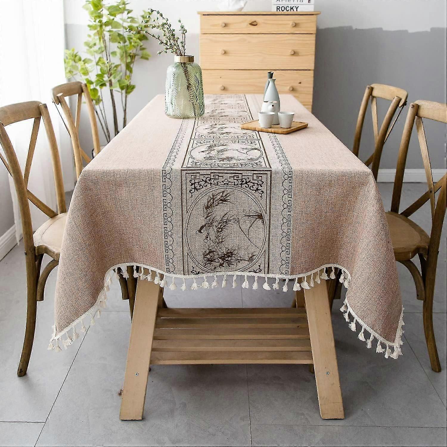 Rectangular Stain-Proof Tablecloth Linen Cotton Embroidered Tablecloth Elegant Chinese Style Printed Tablecloths (Rectangular/Oval, 140 x 180cm)