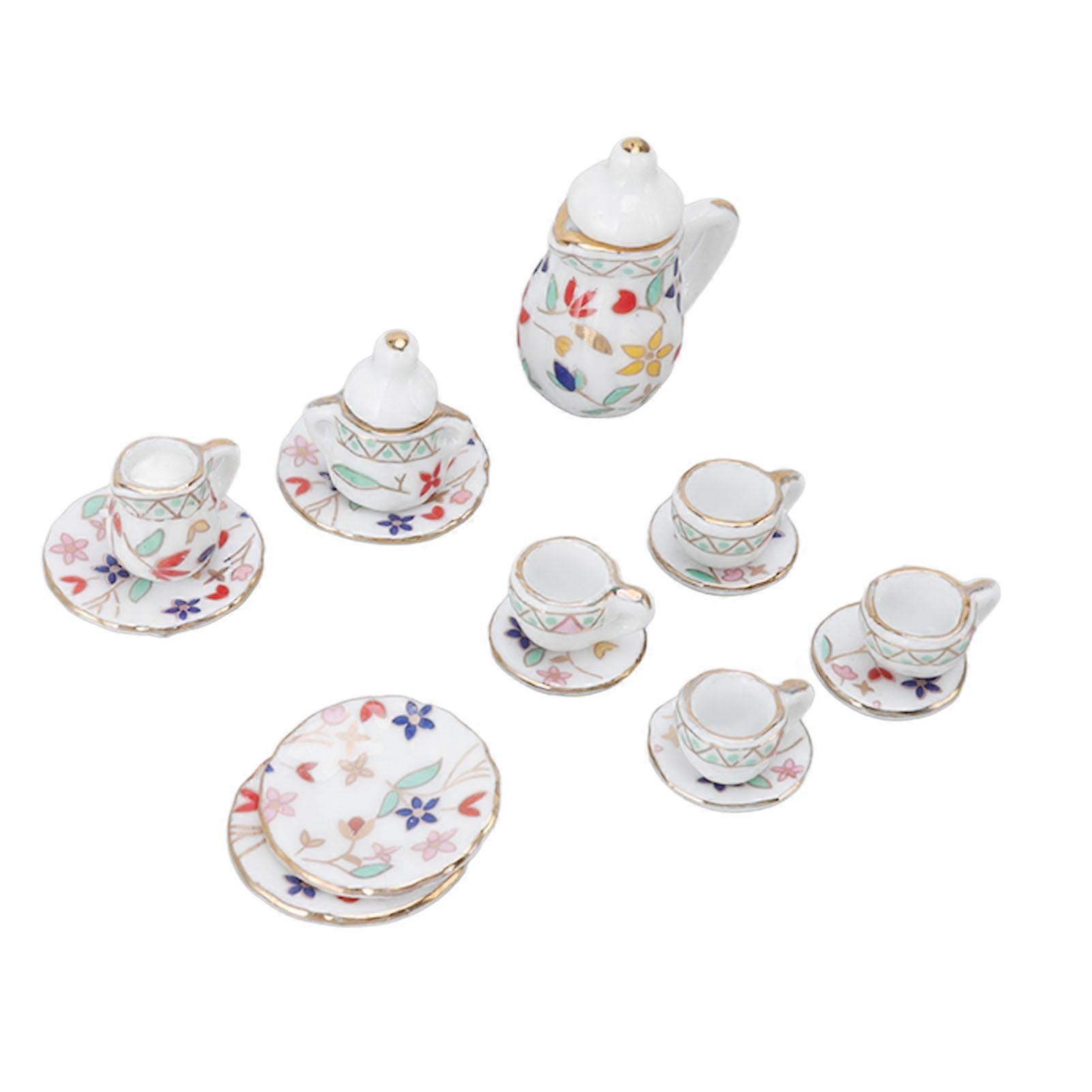 15pcs Dollhouse Tea Set Ceramic Miniature Tea Cups Accessories Prop