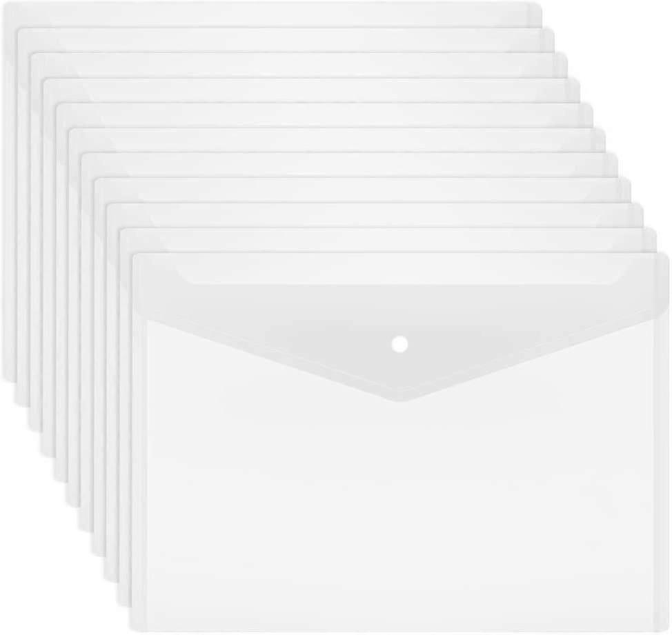 20 Plastic Envelopes, Waterproof Clear Folder with Button Closure, A4 Size for School, Home, Office Organization, and Outdoor Use